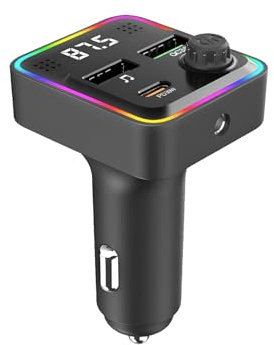 QUMOX Trasmettitore FM Bluetooth 5.3 per Auto con Caricatore Rapido PD30W USB-C, Illuminazione LED 7 Colori, Vivavoce, Porte USB Multiple, 12-24V