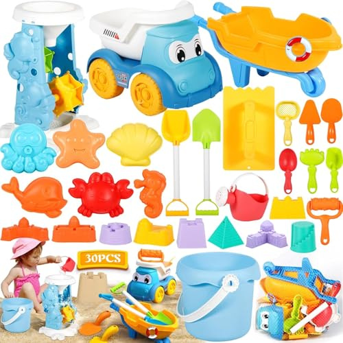 ZQEJEFD Juguetes Playa, 30 Piezas Juguetes de Playa para Niños con Cubo, Moldes de Arena, Rueda de Agua,Camión de Arena, Palas y Bolsa de Malla, Juguetes Arena Juegos de Playa para Bebe 2 3 4 5Años
