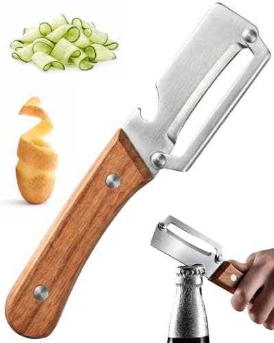 Multi Functional Vegetable Peeler with Wooden Handle and Bottle Opener, Stainless Steel Kitchen Peeler Tool for Potato Carrot Pumpkin Papaya, Premium Single Blade Food Peelers (1pcs)