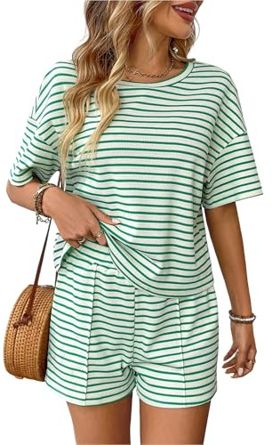 crazy bean Tuta Donna Sportiva Completi Estivi Donna 2 Pezzi Elegante a Righe Spiaggia Set Pantaloncini Corto e Maglietta Casual Verde XL