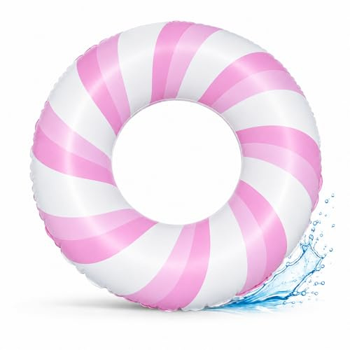 Simring för vuxna, ZoneYan randiga simdäck, uppblåsbar simring för pool, rosa och vit simring, vattensimdäck för vuxna för sommar (rosa, 90# (för 40-75kg))