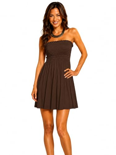 AN Direct Women’s Strapless Top Dress – Smocked Bandeau Tube Top, Flowy Long Summer Beach Dress, Lightweight Sleeveless Casual Top Dress UK 8-22