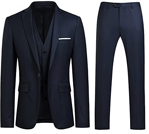 Sliktaa Trajes formales de 3 piezas para hombre con un botón, solapa con muescas, traje de negocios y boda, blazer, pantalones y chaleco, azul marino, XL