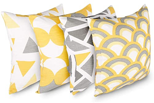 Penguin Home Set of 4 100% Slub Cotton Fabric Cushion Covers 45cm x 45cm Double Sided Square Pillow Covers with Invisible Zipper Pillow Cases for Living Room, Bedroom, Sofa (Yellow/Grey)