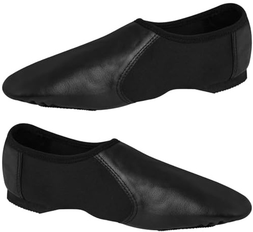 SHADOW DANCE UK - Slip On Black Jazz Shoes Girls - Unisex Modern Stage Leather Jazz Dance Shoes with Strong Elastic Slip On - Rubber & Suede Split Sole - Ideal for Kids & Adults (5 UK)