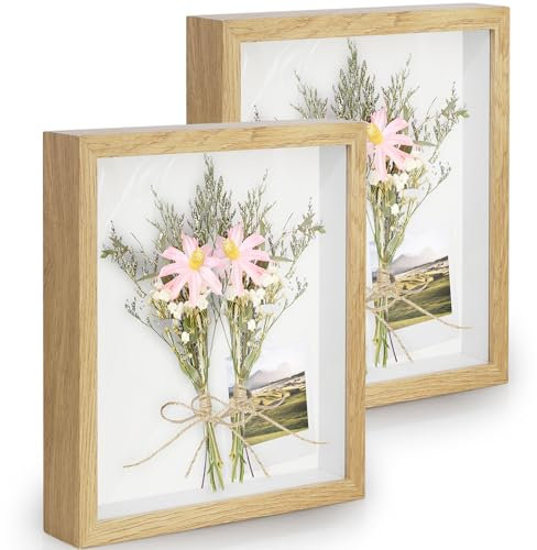 Anhow 2pcs Shadow Box Frame 8x10 Inch, 3D Box Frames with Glass for Crafts 1.2 Inch Deep Picture Frames Box Display for Photos, Crafts, Souvenir, Baby Items - Natural Wood