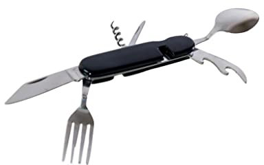 Pradel Excellence - Evasion - Couteau de Poche Camping - Lame 7,5 cm Acier 3CR13 - Fourchette, Cuillère, Tire-Bouchon, Ouvre-Boîte et Décapsuleur - Manche ABS Noir - Étui de Transport Inclus