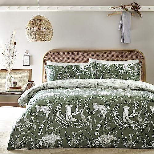 furn Buckthorn Duvet Cover Set – Woodland Animal Print with Reversible Design, Polycotton Bedding (Green – King)