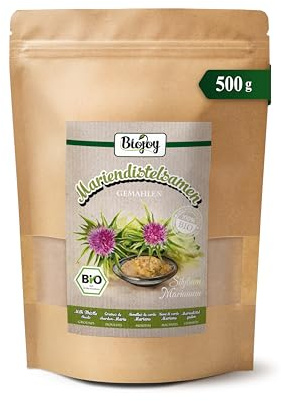 Biojoy Ekologiska malda mariatistelfrön, mariatistelpulver, 500 g | Mariatistelmjöl från Bulgarien, Silybum marianum L.