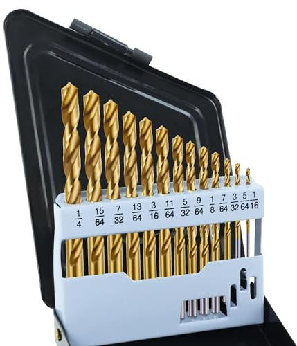 Cobalt Left Hand Drill Bit Set, 13Pcs High-Speed Steel Drills with Titanium Nitride Coating, Reverse Drill Bits for Hardened Metal, Stainless Steel, Cast Iron, with Index Storage Case (1/16”-1/4”)