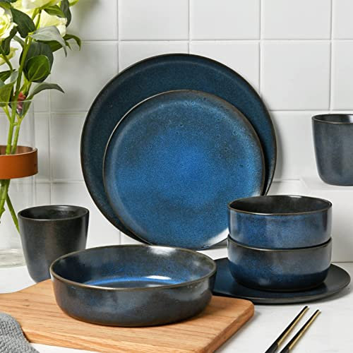 Set di stoviglie in ceramica da 18 pezzi, set di stoviglie in gres, set di stoviglie da cucina, set combinato di stoviglie comprende piatti, piatti, tazze e ciotole, servizio per 6, blu e nero