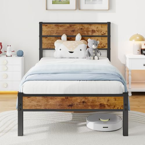 JUISSANO Bett Einzelbett 90x200 mit Holz Kopfteil,Bettgestell mit Lattenrost aus Metall,Single Bed,Bettrahmen Metallbett Einzelbetten Bett 90x200 mit Stauraum,Robust und Stabil Bed Frame,Braun