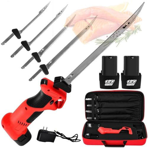 Cuchillo de filete eléctrico inalámbrico, cuchillo de filete de pescado recargable for pescado/pesca, mango antideslizante y cuchillas alternativas de acero inoxidable,2 baterías recargables y bloqueo