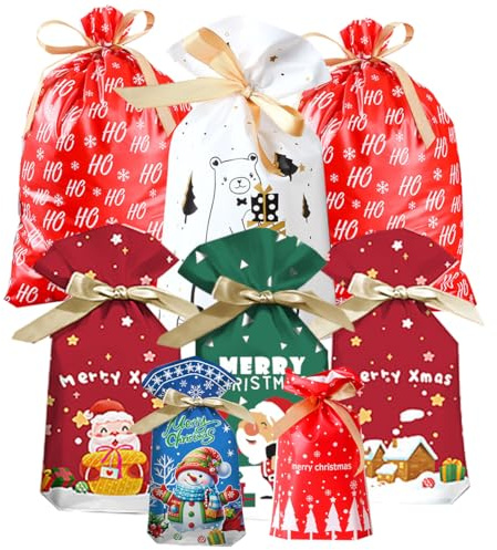 Christmas Drawstring Gift Wrapping Bags - 28pcs Assorted Size Xmas Present Bags Reusable Large Gift Goody Bags for Christmas Party