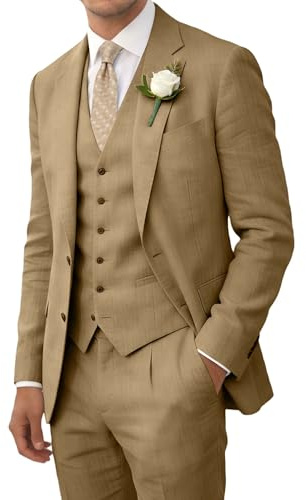 3 Pieces Retro Linen Suits for Men Summer Beach Wedding Khaki Homecoming Tuxedos Light Weight Blazer Vest Pant Prom Party Men Suit kk-4034