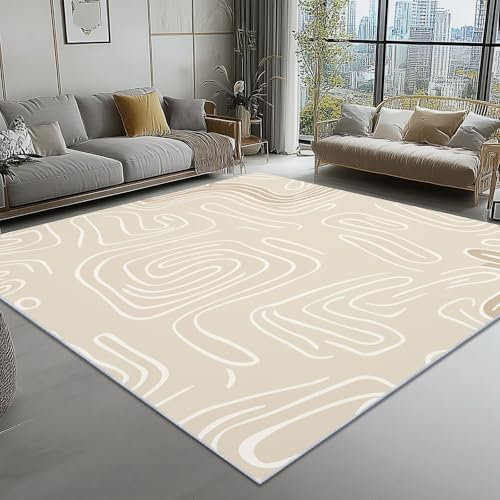 Teppich Waschbarer Wohnzimmer 160 x 230 cm, Kurzflor Superfeiner Kaschmir Weiche rutschfest Teppiche für Kinderzimmer, Bettvorleger Schlafzimmer, Esszimmer Flur, Bohemien Handgezeichnet Linien Creme