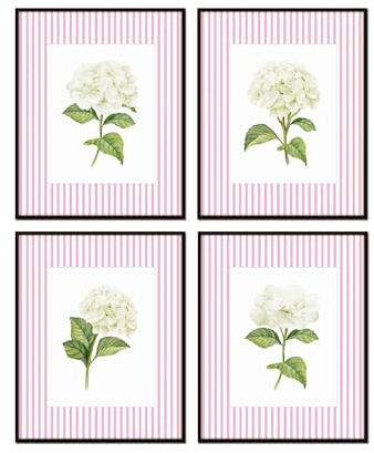 Belle Maison Art White Hydrangea Pink Striped Prints, Nursery Prints Wall Decor for the Baby Nursery, 8X10 SET OF 4, Smooth Matte Paper Prints, Unframed