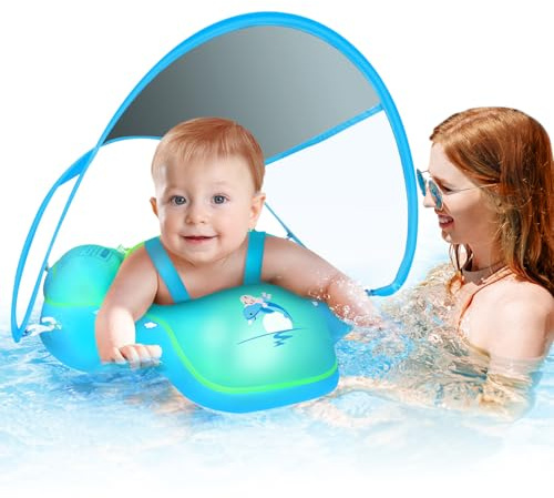 Baby Swimming Float, Baby Pool Float with Sun Canopy UPF50+, Baby Swimming Ring with Adjustable Safety Seat, Inflatable Baby Swim Float for 3-36 Month L