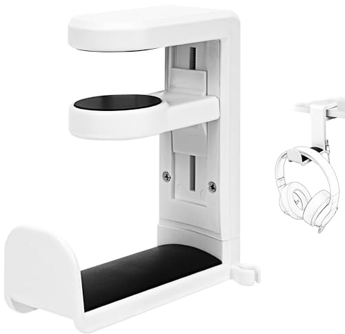 Geekria 360° roterande hörlurshake under skrivbordet, justerbart skrivbordstillbehör, platsbesparande gaminghörlursställ kompatibelt med Sony, Bose, AKG, Sennheiser (Vit)