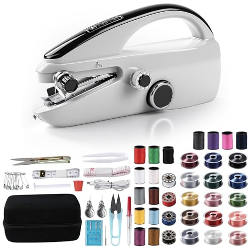 Máquina de coser portátil y kit para principiantes con doble potencia, juego de máquina de coser de mano con caja de almacenamiento, 20 hilos, agujas, tijeras para reparaciones y manualidades del