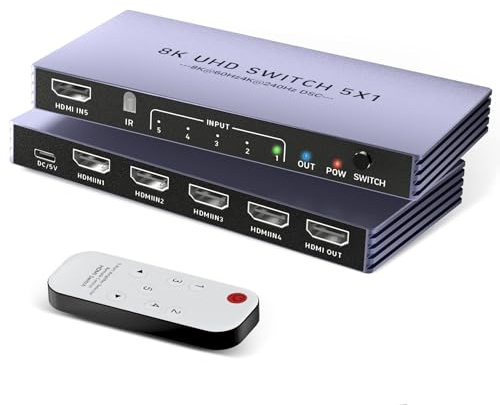 Répartiteur HDMI 4K 240 Hz 5 en 1 sortie – 8K @ 60 Hz Répartiteur HDMI avec télécommande 5 ports Switcher Box Support 3D HDR10+ CEC HDR HDCP2.3, pour PS5/4, Xbox, DVD, Nintendo PC, Apple TV, Fire