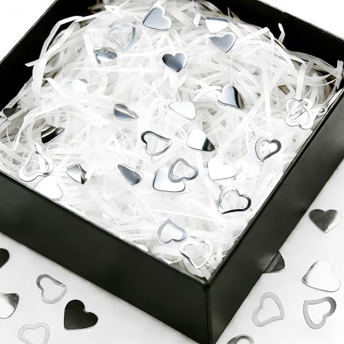 LIANRISES 100g White Shredded Paper for Hampers Gift Boxes, Christmas Shredded Tissue Paper Filling for Valentine's Day, Wedding, Birthday, Baby Shower, With 10g Heart Confetti