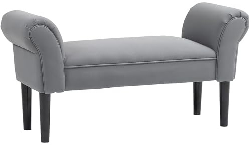 HOMCOM Banco Pie de Cama, Taburete Pie de Cama Tapizado en Lona con Patas de Madera, Reposabrazos y Asiento Acolchado, Estilo Moderno, Banco para Dormitorio, Entrada, Pasillo, Gris Oscuro