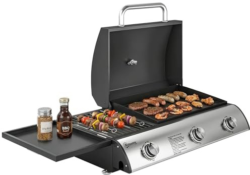 Outsunny Barbacoa de Mesa a Gas de 3 Quemadores - Combinado de Gril y Plancha con Tapa y Termómetro - 8,1 kW Portátil para Camping Balcón Terraza - Superficie de Cocina 2224 cm², Negro