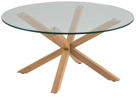 AC Design Furniture Heather Runder Couchtisch aus Glas mit Gekreutzem Metallsockel in Eichenoptik, Ø: 82 x H: 40 cm, Wohnzimmertisch Glas, Sofatisch für das Wohnzimmer