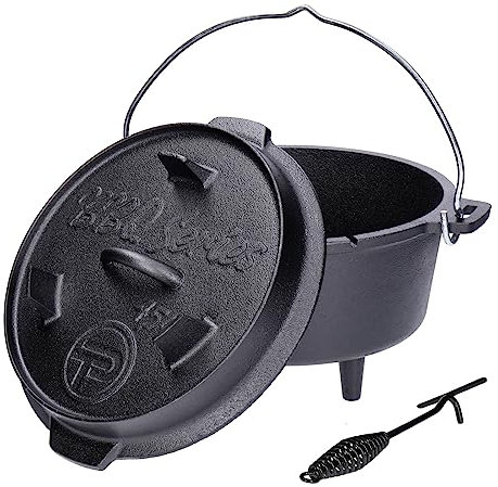 Forno olandese di alta qualità in ghisa GDO45P (circa 4,5 litri), piedini su pentola e coperchio, conduttore termometro, con sollevatore per coperchio, diverse misure, già bruciato (preseasoned)