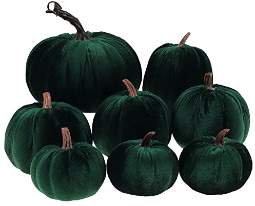 Gresorth 8pcs Assorted Size Fake Handmade Green Velvet Pumpkins Artificial Fall Harvest Halloween Decoration for Home Kitchen Farmhouse Thanksgiving Wedding Festival