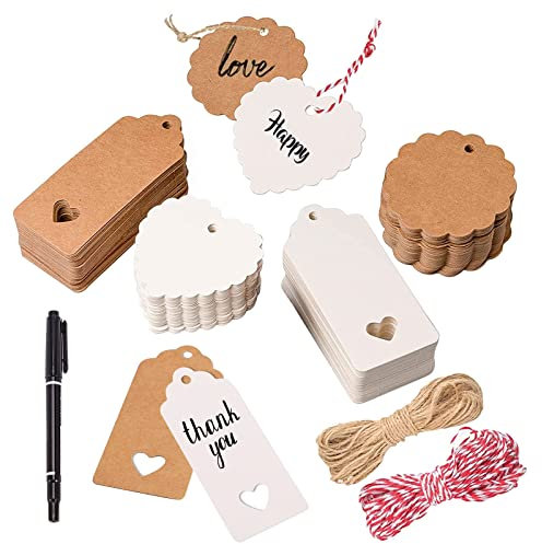 Kraftpapier Anhänger, 200stk Geschenkanhänger Kraftpapier, Geschenkanhänger Etiketten mit Rotes Seil + Jute Schnur + Stift, Kraftpapier Etiketten für Geschenkdeko