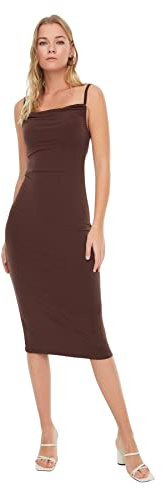 Trendyol Vestido de Punto Ajustado con Cuello Cuadrado para Mujer, marrón, L