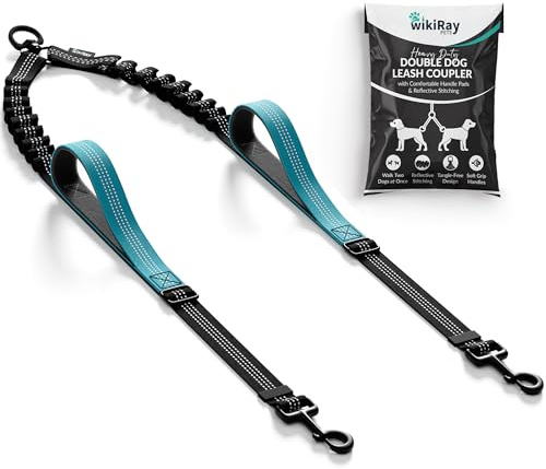 wikiRay Double Dog Leash Coupler for Walking 2 Dogs – No Tangle Dual Dog Splitter with Shock-Absorbing Bungee, Padded Traffic Handles & Reflective Stitching (Sea Green)