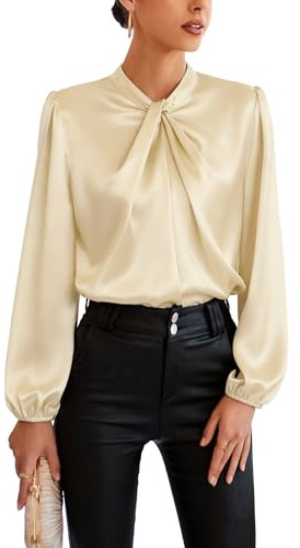 GRACE KARIN Ladies 2024 Trendy Mock Neck Lantern Long Sleeve Blouse Shirt Twist Front Top Apricot XL