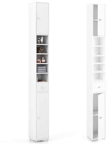 LIFEZEAL Mobile Bagno Salvaspazio, Colonna Bagno Alto, Stretto, 20x20x180cm, Salvasapzio, Moderno, Armadio, Mobiletto, con Antiribaltamento, 2 Ante, Ripiani Regolabili, Cassetto, Legno (bianco)