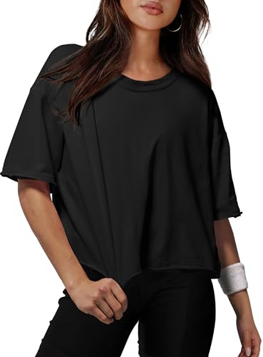Summer Tops for Women Short Sleeve Round Neck Cotton Shirts Basic Workout Sports Crop Tops Black L
