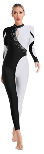 iiniim Damen Turnanzug Glitzer Gymnastikanzug Patchwork Ballettanzug Langarm Eiskunstlauf Body Overall Jumpsuit Akrobatik Anzug Wettbewerb Tanzkostüm Weiß M