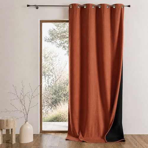 QABANE - Rideau Thermique Phonique KONFOR - Flanelle Polyester - Occultant Isolant Froid et Bruit - Chambre Salon Bureau - 8 Oeillets - 140 x 260 cm - Terracotta