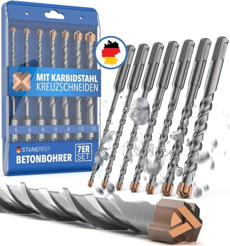 STONE REEF Betonbohrer Set Profi - [6-teilig inkl. Bohrerkassette] - SDS Plus Bohrer Set Ø 5mm, 6mm, 8mm, 10mm, 12mm x 160mm - Steinbohrer, Beton, Wandbohrer, Bohrersatz