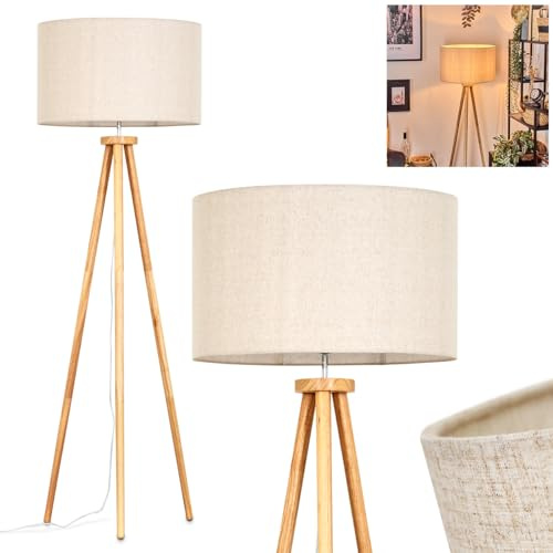 Golvlampa Felmming, golvlampa av trä/väv i naturfärger/vit/beige, armatur i skandinavisk design med rund skärm (Ø 50 cm) och fotbrytare, höjd 155 cm, 1 x E27, utan glödlampa