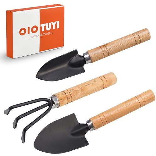 OioTuyi Mini outils de jardin, outils de jardin 3 pièces avec mini pelle et râteau, accessoires pour enfants et plantes d'intérieur, pelles en acier inoxydable pour jardin miniature et plantes bonsaï