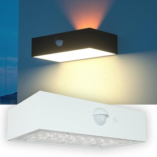 GINUX® Solarlampen für außen mit Bewegungsmelder - Kleine Dekorative Solar Wandleuchte aussen mit Superhellen LEDs und PIR-Sensor, Solar LED Strahler für Wand und Garten (Ziegel 30W Weiss)