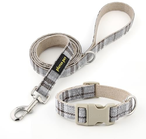 Plutus Pet Cotton Hemp Dog Collar and Leash Set, Adjustable Collar for Small, Medium, and Large Dogs, Heavy Duty and Soft on Skin, Gray Plaid, S