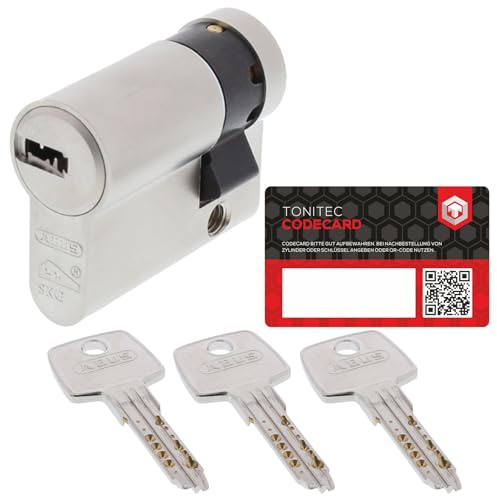 ToniTec Set av ABUS låscylinder, EC550 med 3 nycklar, lås med nyckel och ToniTec kodekort, halvcylinder likvärdig låsstorlek 10/35 mm med Codecard