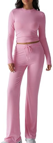 Oheyeseker Due pezzi Lounge Sets per le donne, top a maniche lunghe coulisse pantaloni larghi gamba Flare, Comfy Tracksuit Matching Set (rosa, M)