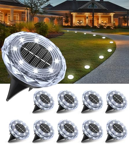 LITOHOM Solar Lights Outdoor Garden,10 Pack 8 LED Solar Ground Lights, 15 Hours Long Lasting Garden Light IP 65 Waterproof Pathway Light for Lawn Landscape Patio Yard Decorative Lighting(Cool White)
