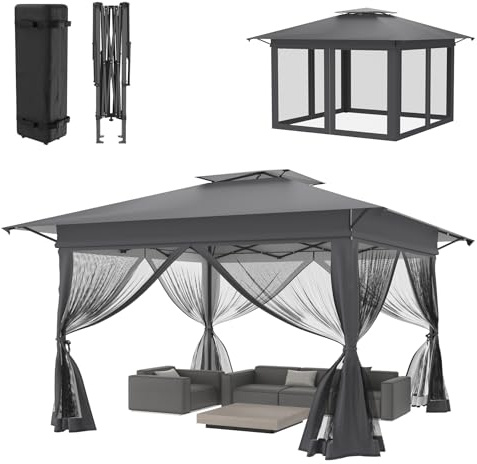 ACXIN 4 x 4 m, hopfällbar paviljong, vattentät höjdjusterbar, trädgårdspaviljong med nätsidoväggar, UV-skydd, pop-up paviljong inkl. bärväska med hjul, för trädgård terrass bakgård (antracit)