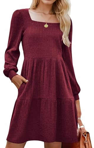 Zeagoo - Vestido de mujer de manga larga, línea A, con mangas abullonadas, elegante, de punto, hasta la rodilla, con bolsillos, para otoño e invierno, S-XXL, borgoña, M