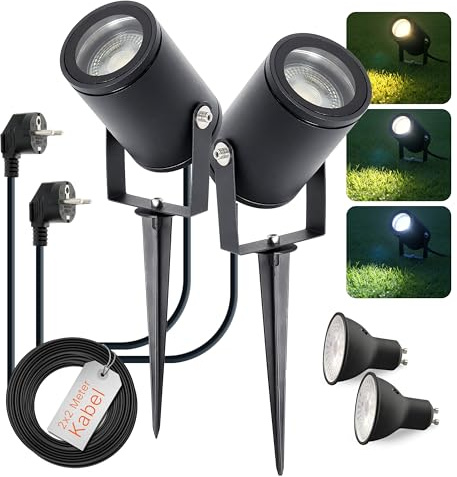 ENVILAR 2er Set LED Gartenstrahler mit Erdspieß 230V IP65, CCT 3000K 4000K 6500K, 7W 595lm, Gartenbeleuchtung mit Strom, 2m Kabel Plug & Play, LED Gartenleuchte Schwarz für Beetbeleuchtung